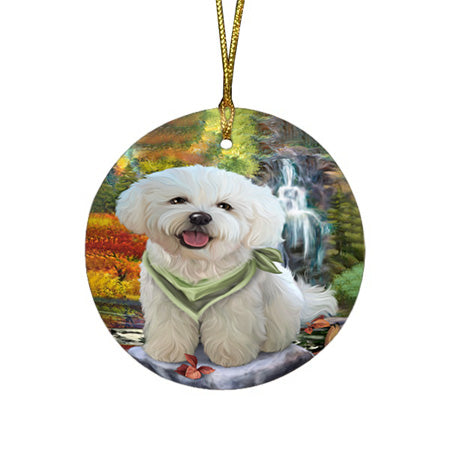 Scenic Waterfall Bichon Frise Dog Round Flat Christmas Ornament RFPOR49694