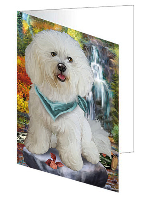 Scenic Waterfall Bichon Frise Dog Handmade Artwork Assorted Pets Greeting Cards and Note Cards with Envelopes for All Occasions and Holiday Seasons GCD53141