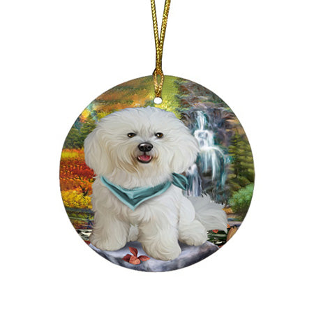 Scenic Waterfall Bichon Frise Dog Round Flat Christmas Ornament RFPOR49695