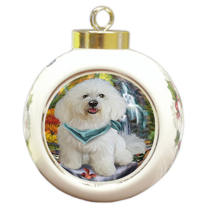 Scenic Waterfall Bichon Frise Dog Round Ball Christmas Ornament RBPOR49704
