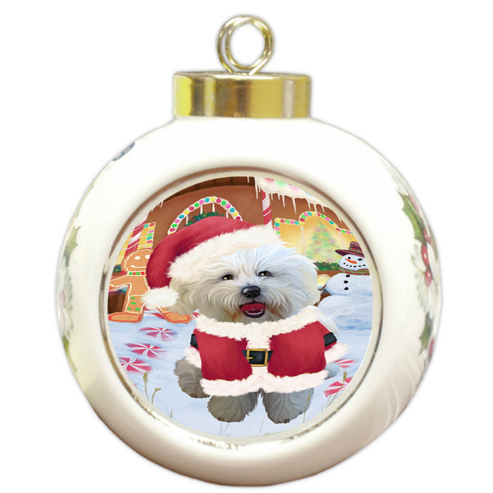 Christmas Gingerbread House Candyfest Bichon Frise Dog Round Ball Christmas Ornament RBPOR56539