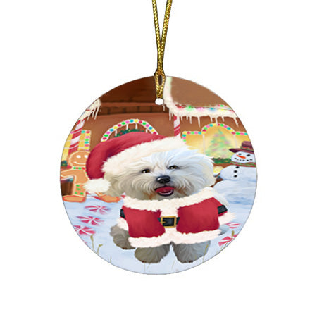 Christmas Gingerbread House Candyfest Bichon Frise Dog Round Flat Christmas Ornament RFPOR56539
