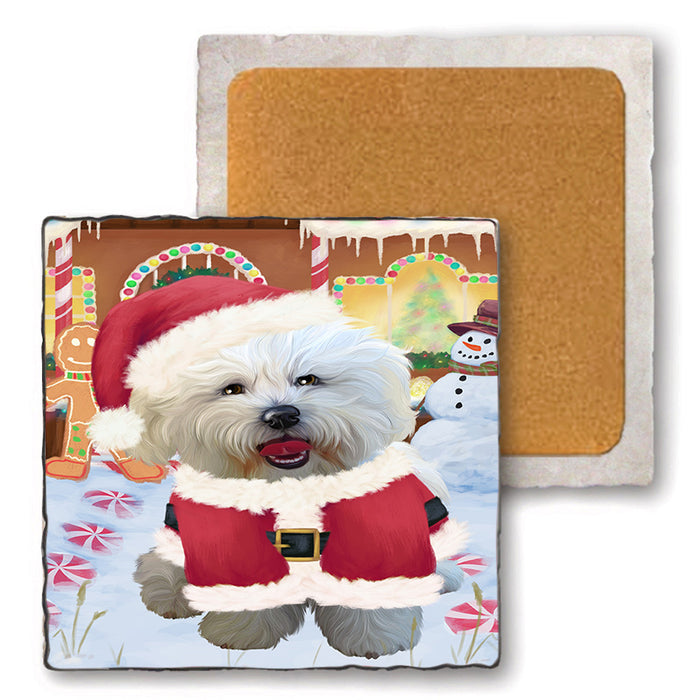 Christmas Gingerbread House Candyfest Bichon Frise Dog Set of 4 Natural Stone Marble Tile Coasters MCST51183