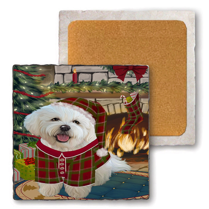 The Stocking was Hung Bichon Frise Dog Set of 4 Natural Stone Marble Tile Coasters MCST50212
