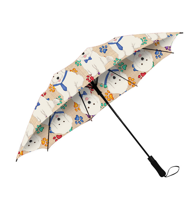 Rainbow Paw Print Bichon Frise Dogs Blue Semi-Automatic Foldable Umbrella