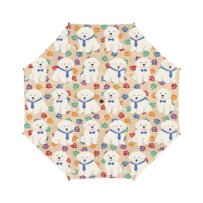 Rainbow Paw Print Bichon Frise Dogs Blue Semi-Automatic Foldable Umbrella