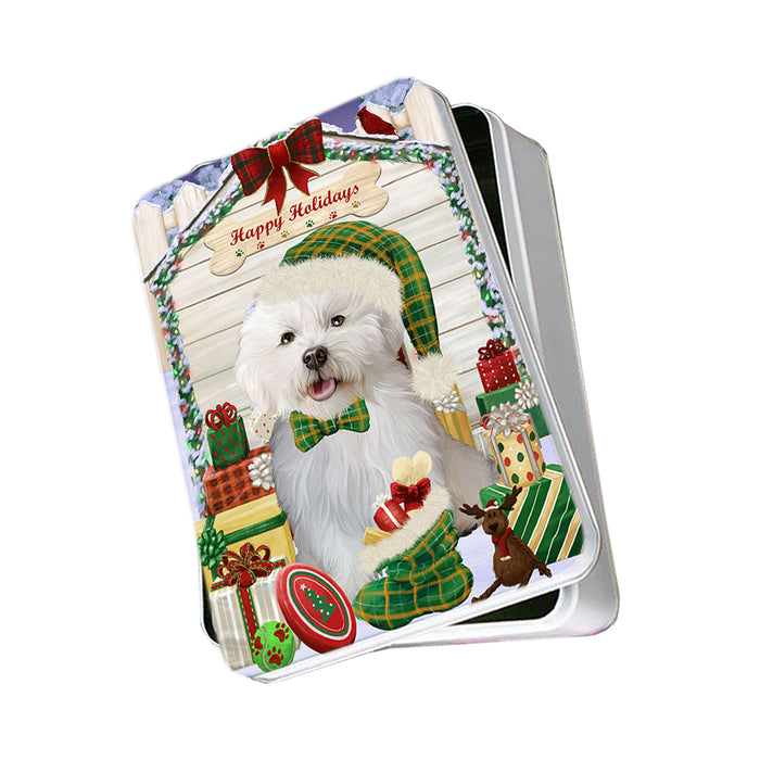 Happy Holidays Christmas Bichon Frise Dog House with Presents Photo Storage Tin PITN51340