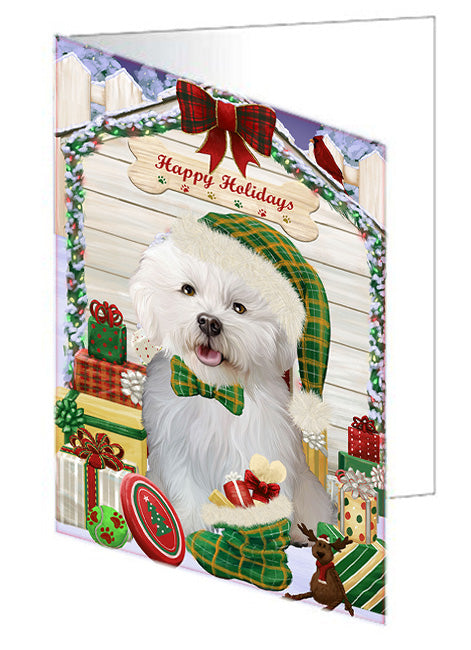 Happy Holidays Christmas Bichon Frise Dog House with Presents Handmade Artwork Assorted Pets Greeting Cards and Note Cards with Envelopes for All Occasions and Holiday Seasons GCD58049