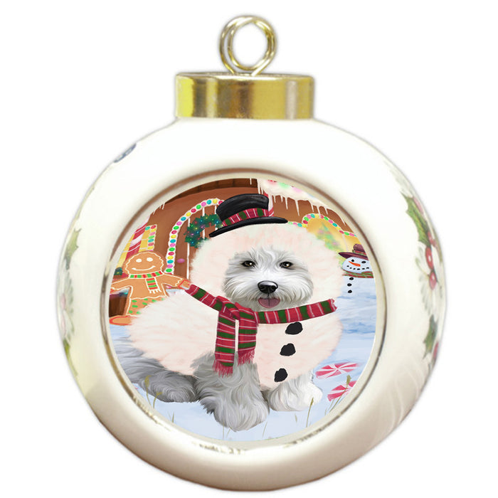 Christmas Gingerbread House Candyfest Bichon Frise Dog Round Ball Christmas Ornament RBPOR56540