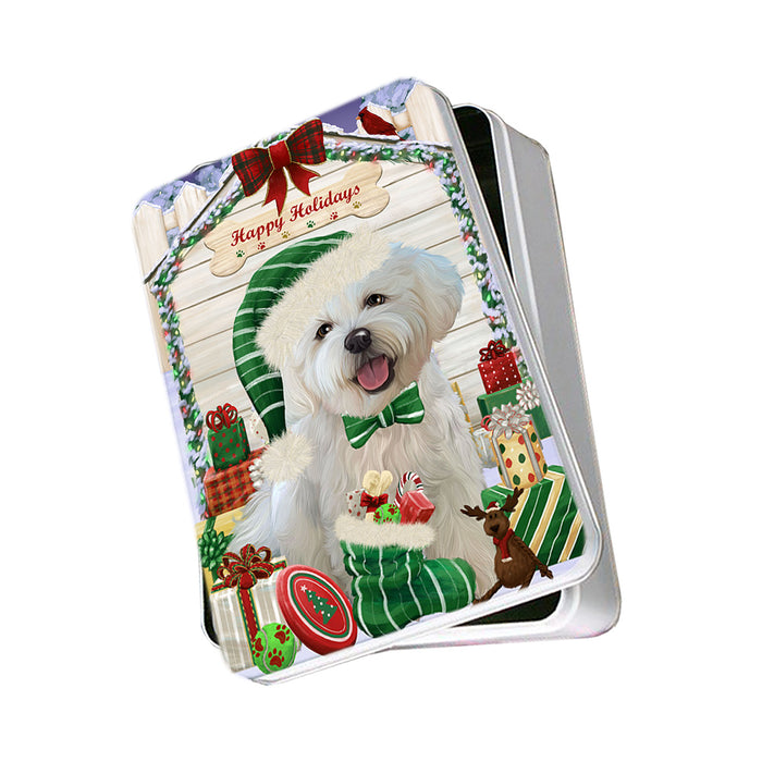 Happy Holidays Christmas Bichon Frise Dog House with Presents Photo Storage Tin PITN51341