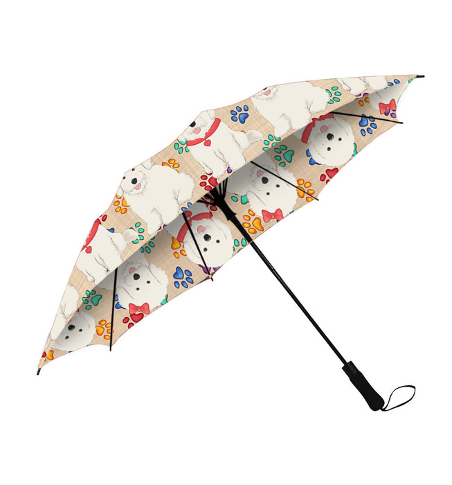 Rainbow Paw Print Bichon Frise Dogs Red Semi-Automatic Foldable Umbrella