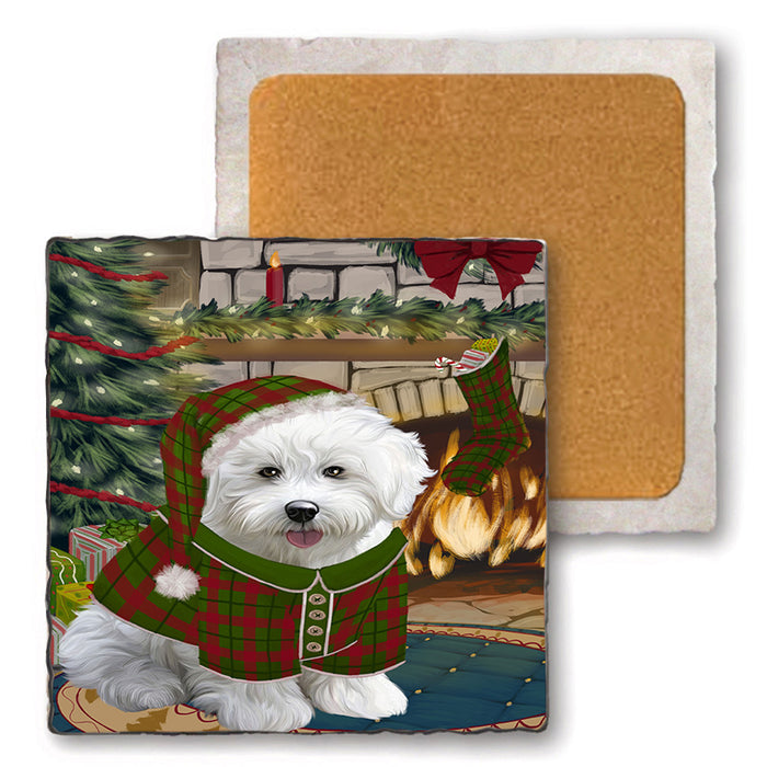 The Stocking was Hung Bichon Frise Dog Set of 4 Natural Stone Marble Tile Coasters MCST50213