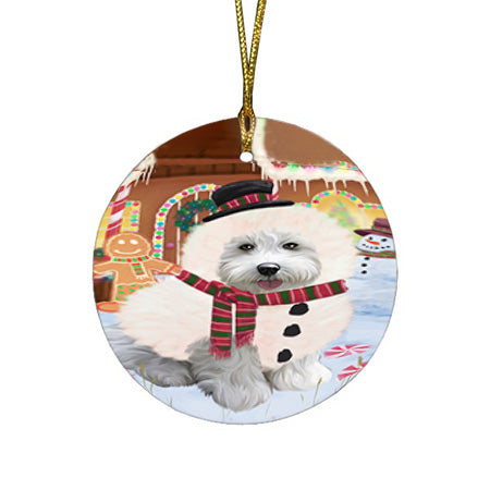 Christmas Gingerbread House Candyfest Bichon Frise Dog Round Flat Christmas Ornament RFPOR56540