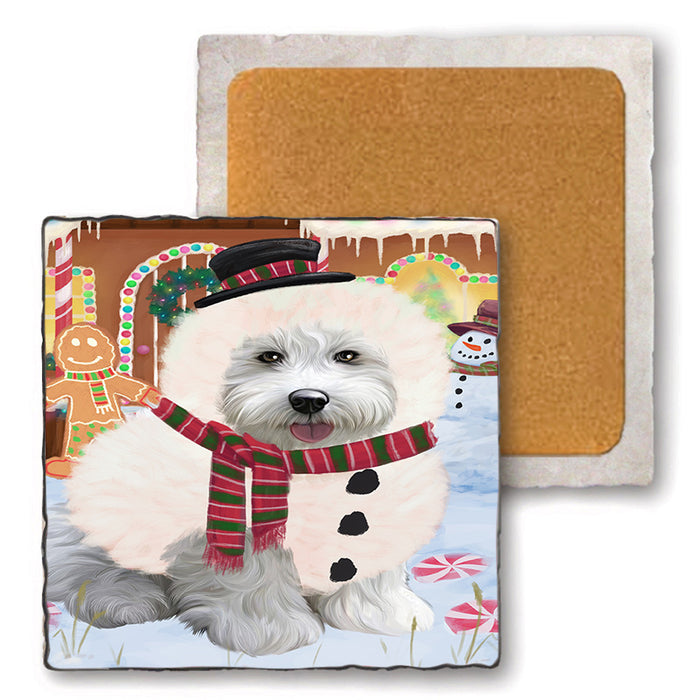 Christmas Gingerbread House Candyfest Bichon Frise Dog Set of 4 Natural Stone Marble Tile Coasters MCST51184