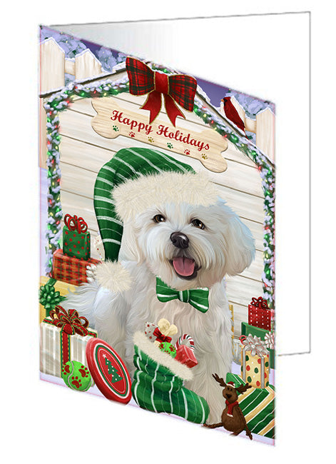 Happy Holidays Christmas Bichon Frise Dog House with Presents Handmade Artwork Assorted Pets Greeting Cards and Note Cards with Envelopes for All Occasions and Holiday Seasons GCD58052