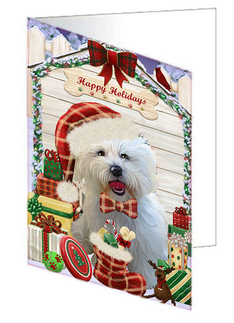 Happy Holidays Christmas Bichon Frise Dog House with Presents Handmade Artwork Assorted Pets Greeting Cards and Note Cards with Envelopes for All Occasions and Holiday Seasons GCD58055