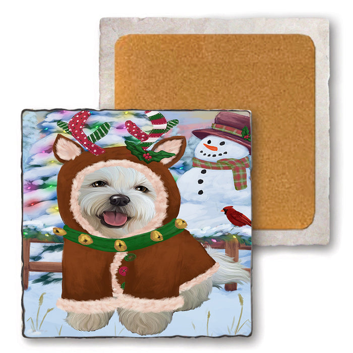 Christmas Gingerbread House Candyfest Bichon Frise Dog Set of 4 Natural Stone Marble Tile Coasters MCST51185