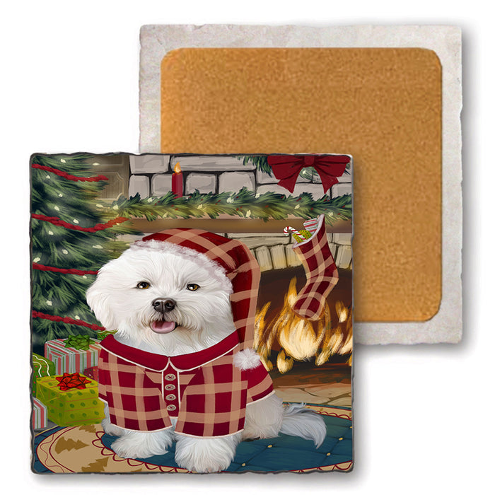 The Stocking was Hung Bichon Frise Dog Set of 4 Natural Stone Marble Tile Coasters MCST50214