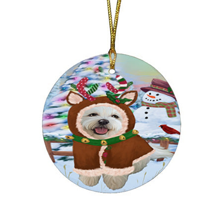 Christmas Gingerbread House Candyfest Bichon Frise Dog Round Flat Christmas Ornament RFPOR56541