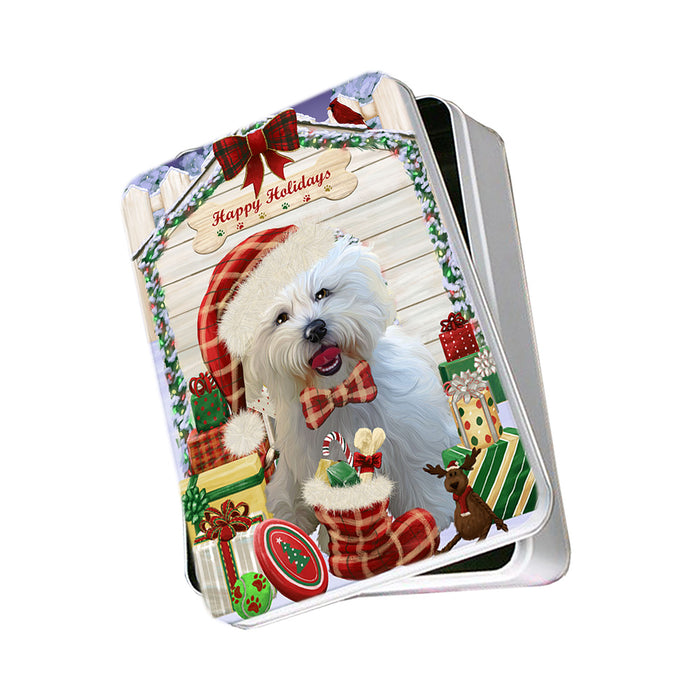 Happy Holidays Christmas Bichon Frise Dog House with Presents Photo Storage Tin PITN51342