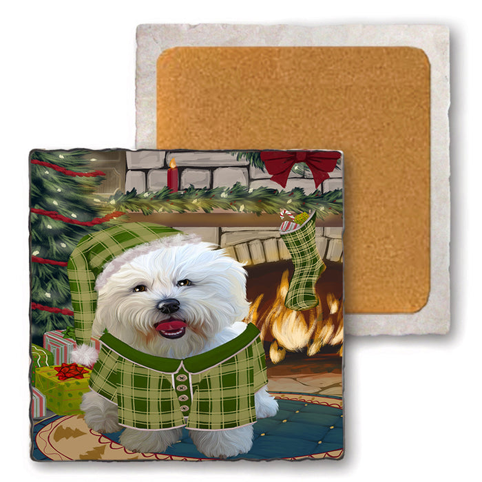 The Stocking was Hung Bichon Frise Dog Set of 4 Natural Stone Marble Tile Coasters MCST50215
