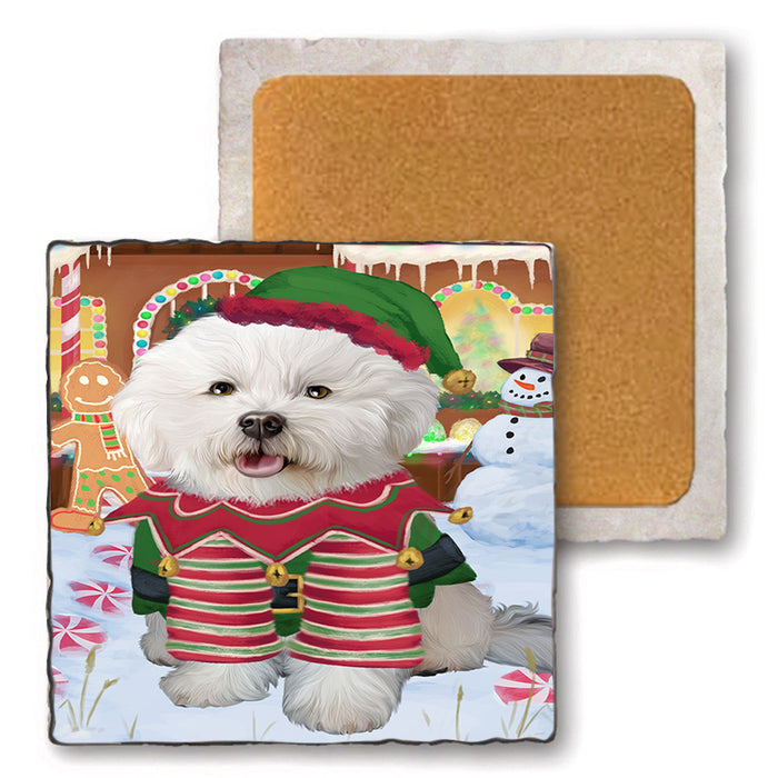 Christmas Gingerbread House Candyfest Bichon Frise Dog Set of 4 Natural Stone Marble Tile Coasters MCST51186