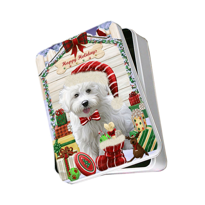 Happy Holidays Christmas Bichon Frise Dog House with Presents Photo Storage Tin PITN51343