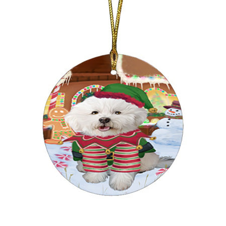 Christmas Gingerbread House Candyfest Bichon Frise Dog Round Flat Christmas Ornament RFPOR56542