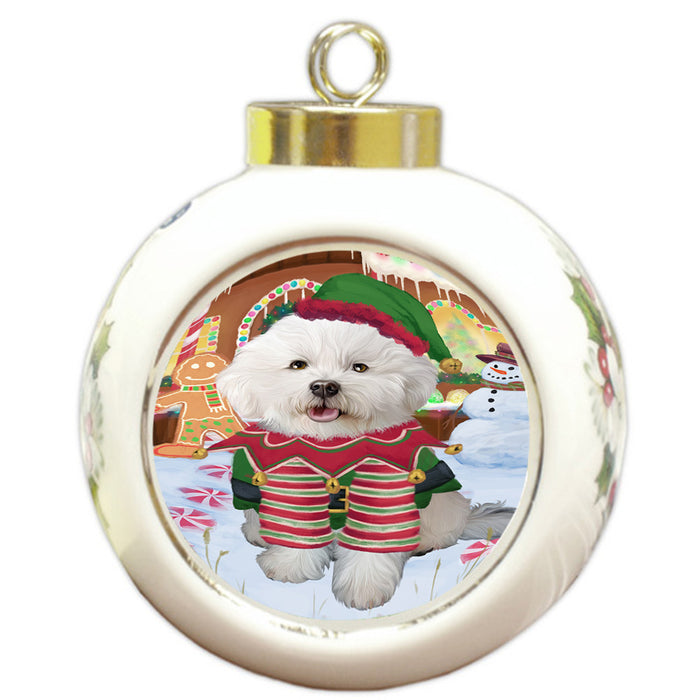 Christmas Gingerbread House Candyfest Bichon Frise Dog Round Ball Christmas Ornament RBPOR56542