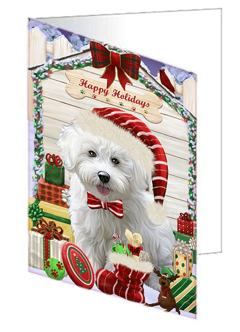 Happy Holidays Christmas Bichon Frise Dog House with Presents Handmade Artwork Assorted Pets Greeting Cards and Note Cards with Envelopes for All Occasions and Holiday Seasons GCD58058