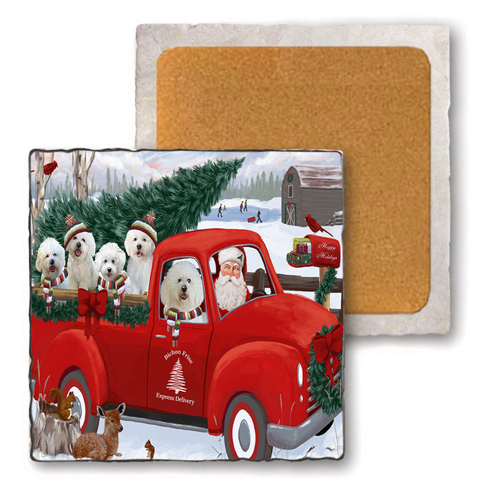 Christmas Santa Express Delivery Bichon Frises Dog Family Set of 4 Natural Stone Marble Tile Coasters MCST50012