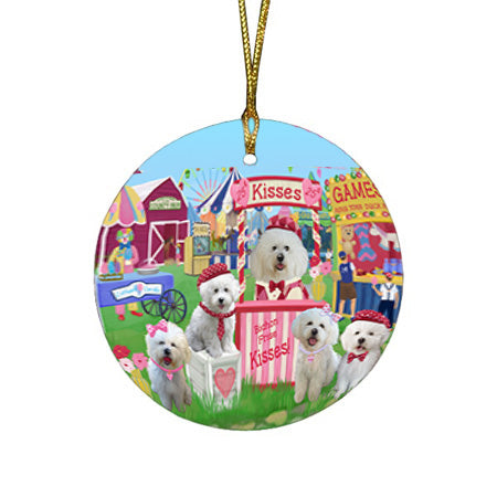 Carnival Kissing Booth Bichon Frises Dog Round Flat Christmas Ornament RFPOR56141