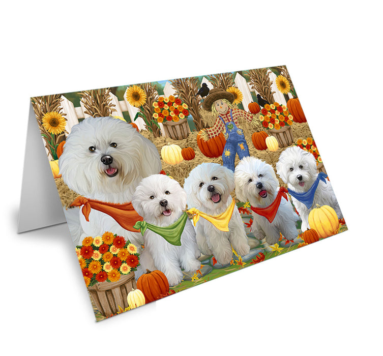 Fall Festive Gathering Bichon Frises Dog with Pumpkins Handmade Artwork Assorted Pets Greeting Cards and Note Cards with Envelopes for All Occasions and Holiday Seasons GCD55904