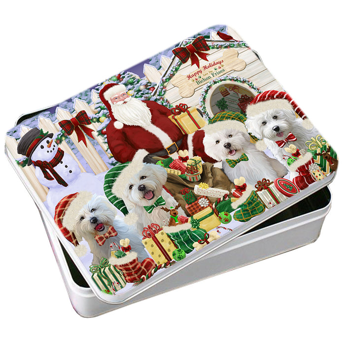Happy Holidays Christmas Bichon Frises Dog House Gathering Photo Storage Tin PITN51281