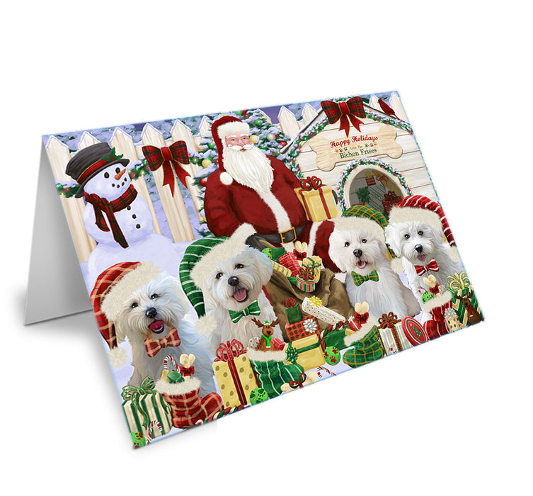Happy Holidays Christmas Bichon Frises Dog House Gathering Handmade Artwork Assorted Pets Greeting Cards and Note Cards with Envelopes for All Occasions and Holiday Seasons GCD57872