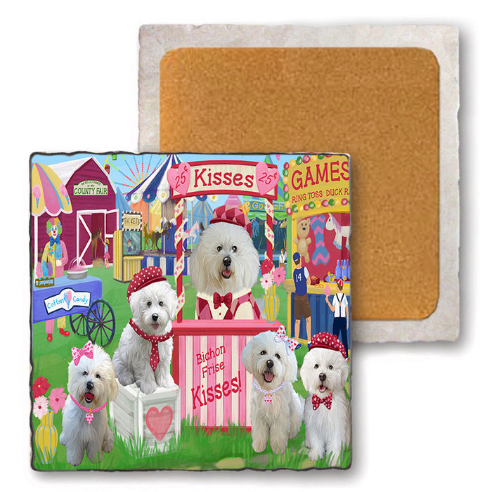 Carnival Kissing Booth Bichon Frises Dog Set of 4 Natural Stone Marble Tile Coasters MCST50785