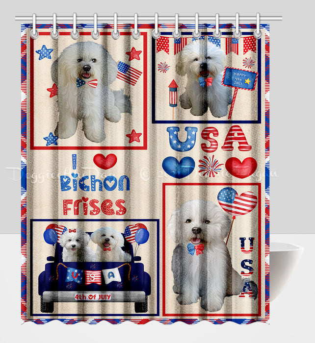 4th of July Independence Day I Love USA Bichon Frise Dogs Shower Curtain Pet Painting Bathtub Curtain Waterproof Polyester One-Side Printing Decor Bath Tub Curtain for Bathroom with Hooks
