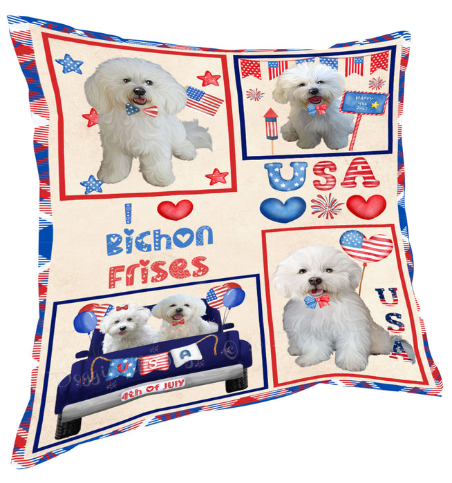 4th of July Independence Day I Love USA Bichon Frise Dogs Pillow with Top Quality High-Resolution Images - Ultra Soft Pet Pillows for Sleeping - Reversible & Comfort - Ideal Gift for Dog Lover - Cushion for Sofa Couch Bed - 100% Polyester