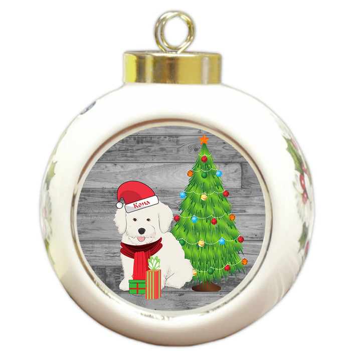 Custom Personalized Bichon Frise Dog With Tree and Presents Christmas Round Ball Ornament
