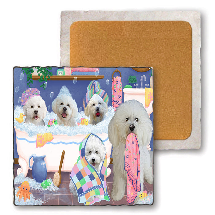 Rub A Dub Dogs In A Tub Bichon Frises Dog Set of 4 Natural Stone Marble Tile Coasters MCST51765