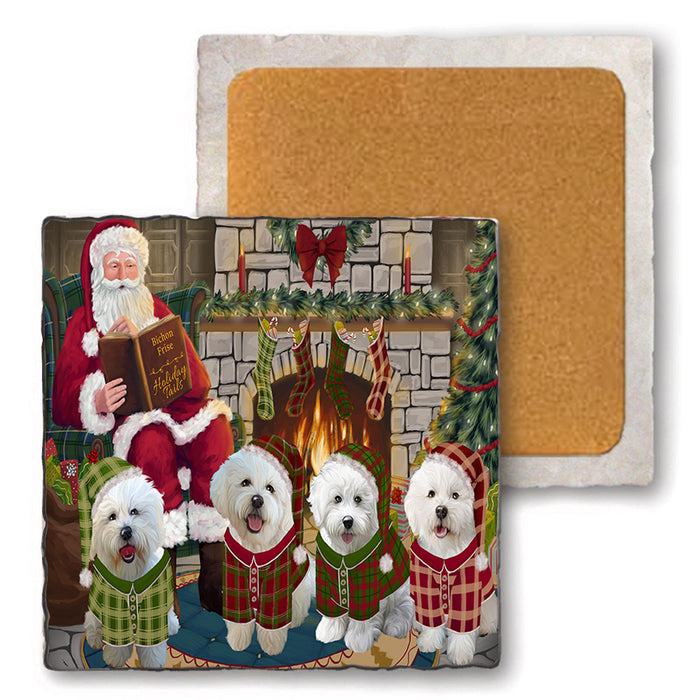 Christmas Cozy Holiday Tails Bichon Frises Dog Set of 4 Natural Stone Marble Tile Coasters MCST50101