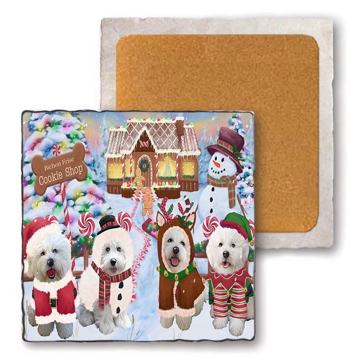 Holiday Gingerbread Cookie Shop Bichon Frises Dog Set of 4 Natural Stone Marble Tile Coasters MCST51107