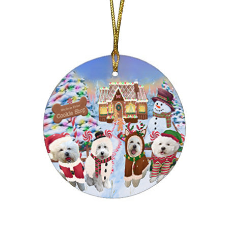 Holiday Gingerbread Cookie Shop Bichon Frises Dog Round Flat Christmas Ornament RFPOR56463
