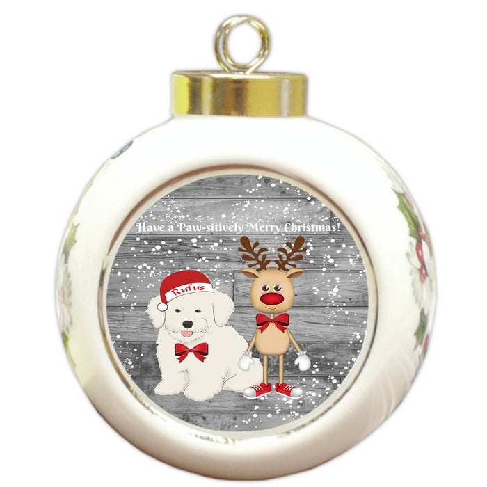 Custom Personalized Bichon Frise Dog Reindeer and Pooch Christmas Round Ball Ornament