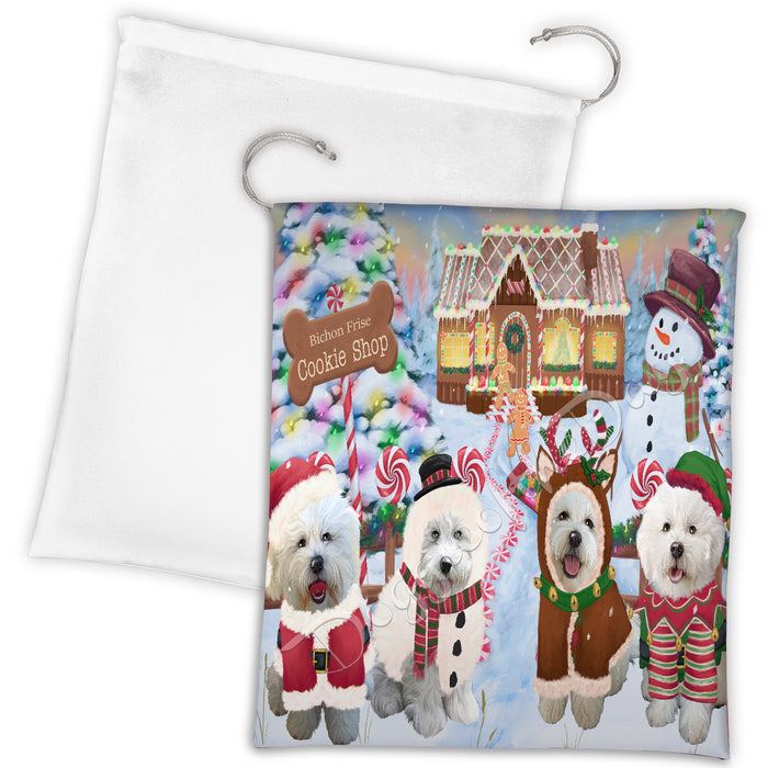 Holiday Gingerbread Cookie Bichon Frise Dogs Shop Drawstring Laundry or Gift Bag LGB48572
