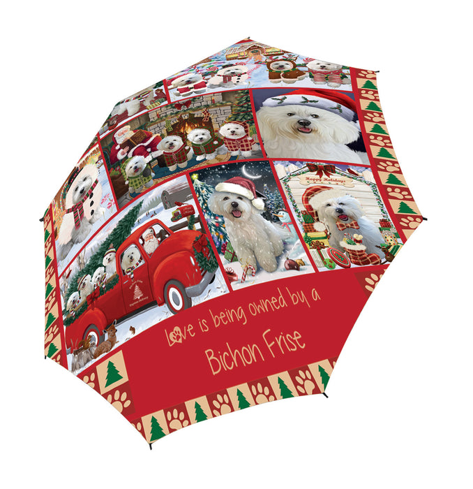 Love is Being Owned Christmas Bichon Frise Dogs Semi-Automatic Foldable Umbrella