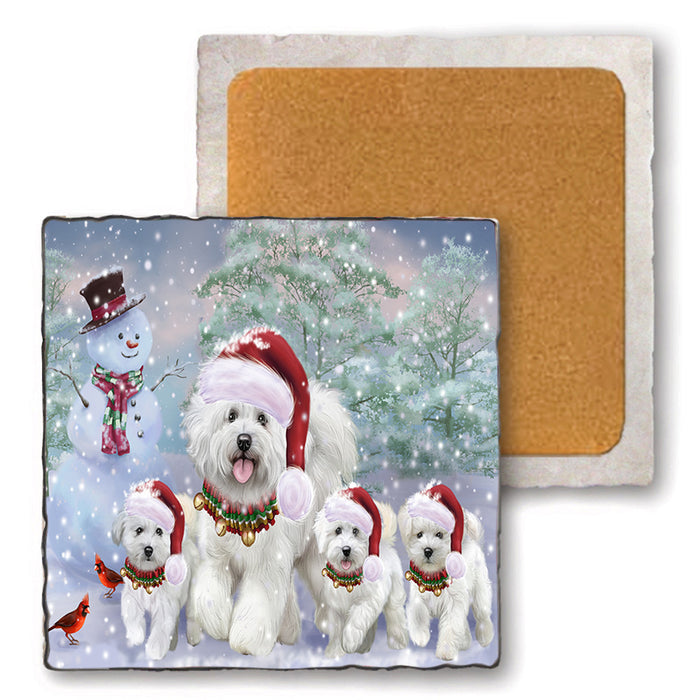 Christmas Running Family Bichon Frise Dogs Set of 4 Natural Stone Marble Tile Coasters MCST52125