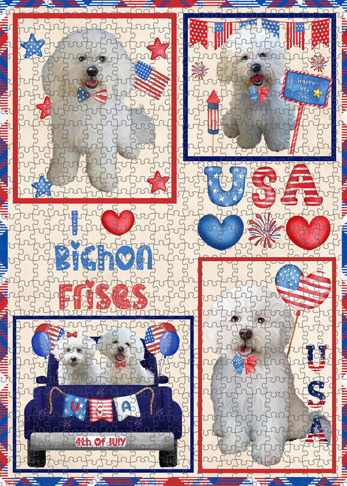 4th of July Independence Day I Love USA Bichon Frise Dogs Portrait Jigsaw Puzzle for Adults Animal Interlocking Puzzle Game Unique Gift for Dog Lover's with Metal Tin Box