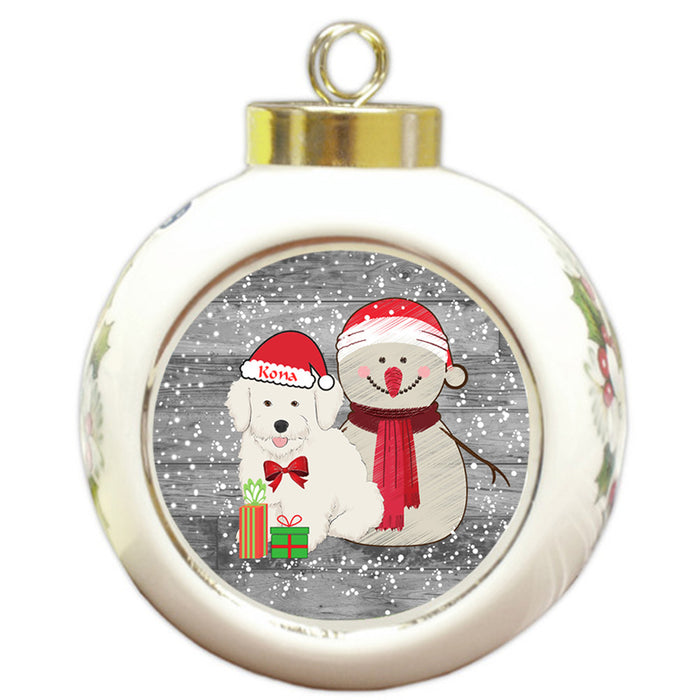 Custom Personalized Snowy Snowman and Bichon Frise Dog Christmas Round Ball Ornament
