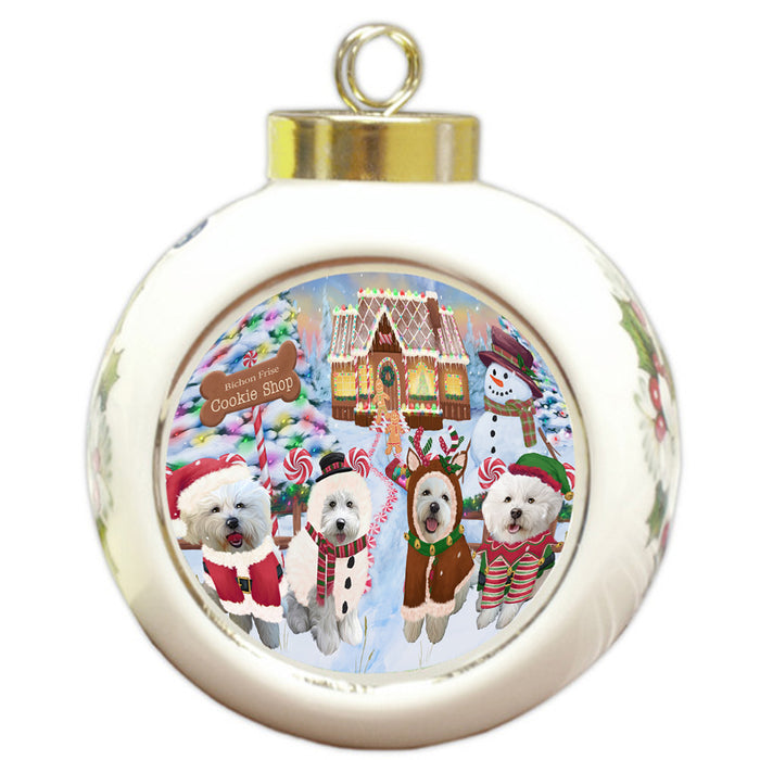 Holiday Gingerbread Cookie Shop Bichon Frises Dog Round Ball Christmas Ornament RBPOR56463